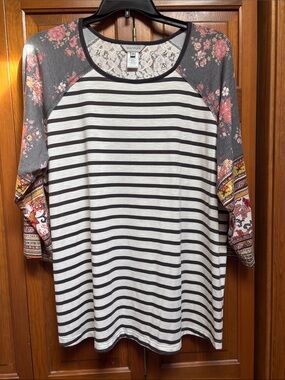 Multiples Black & White Striped Raglan Top with Floral and Paisley Sleeves